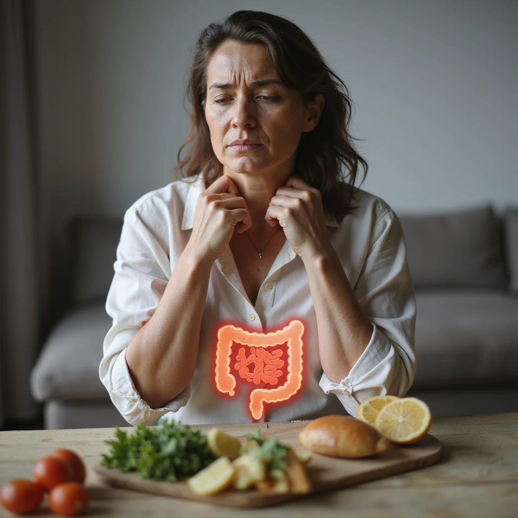adult woman, photorealistic, intestinal pain, sitting at table with healthy food, intestine highlighted in transparency, downcast expression, natural light, kitchen background emoji