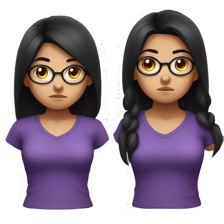 Angry scowling girl, purple shirt, long black hair, brown eyes, wearing glasses, with arms crossed over chest. emoji