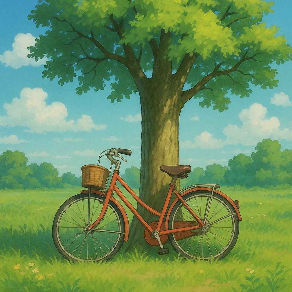 bicycle leaning against a tree, ghibli style emoji