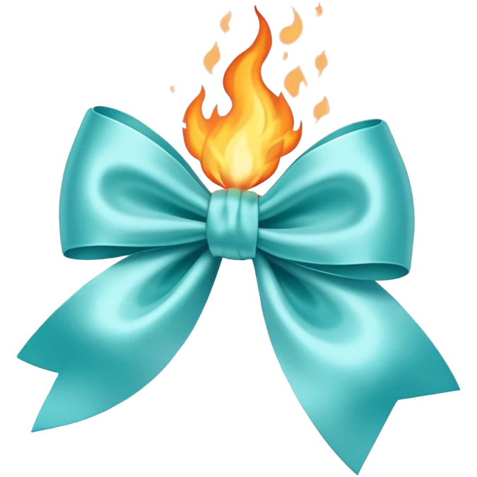 Realistic pastel teal blue silk bow on fire emoji