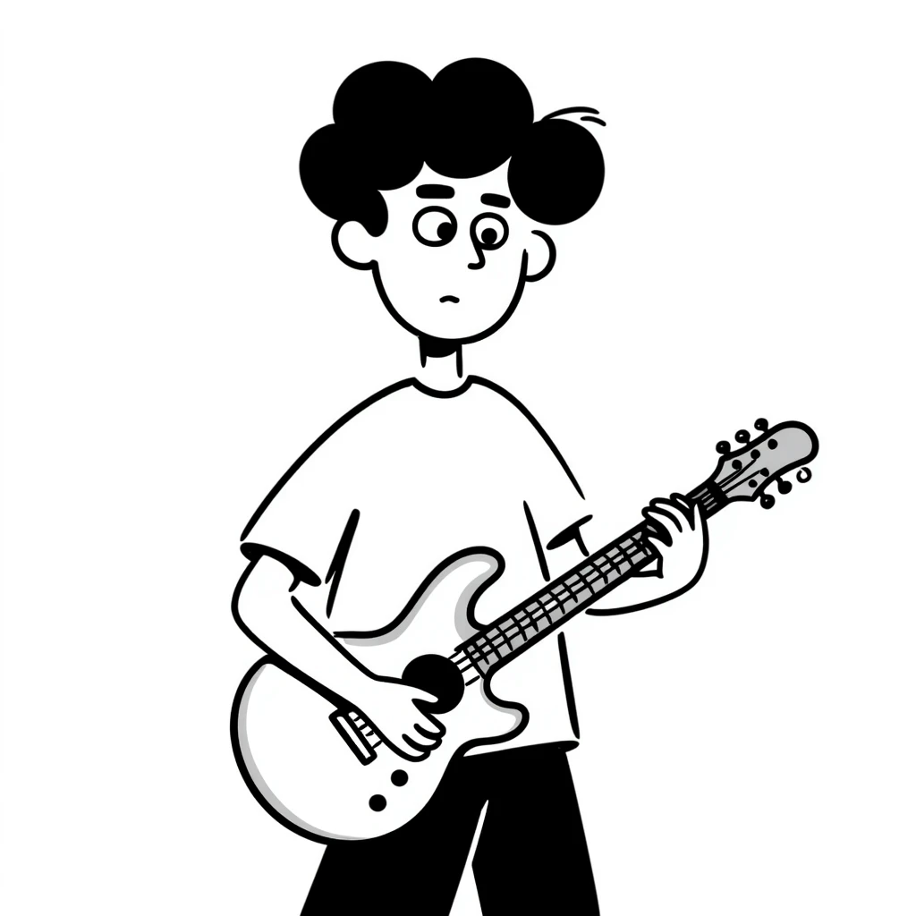 A musician holding a guitar, with a worried expression, looking up at the sky, concerned face, furrowed brow, waiting for an opportunity emoji