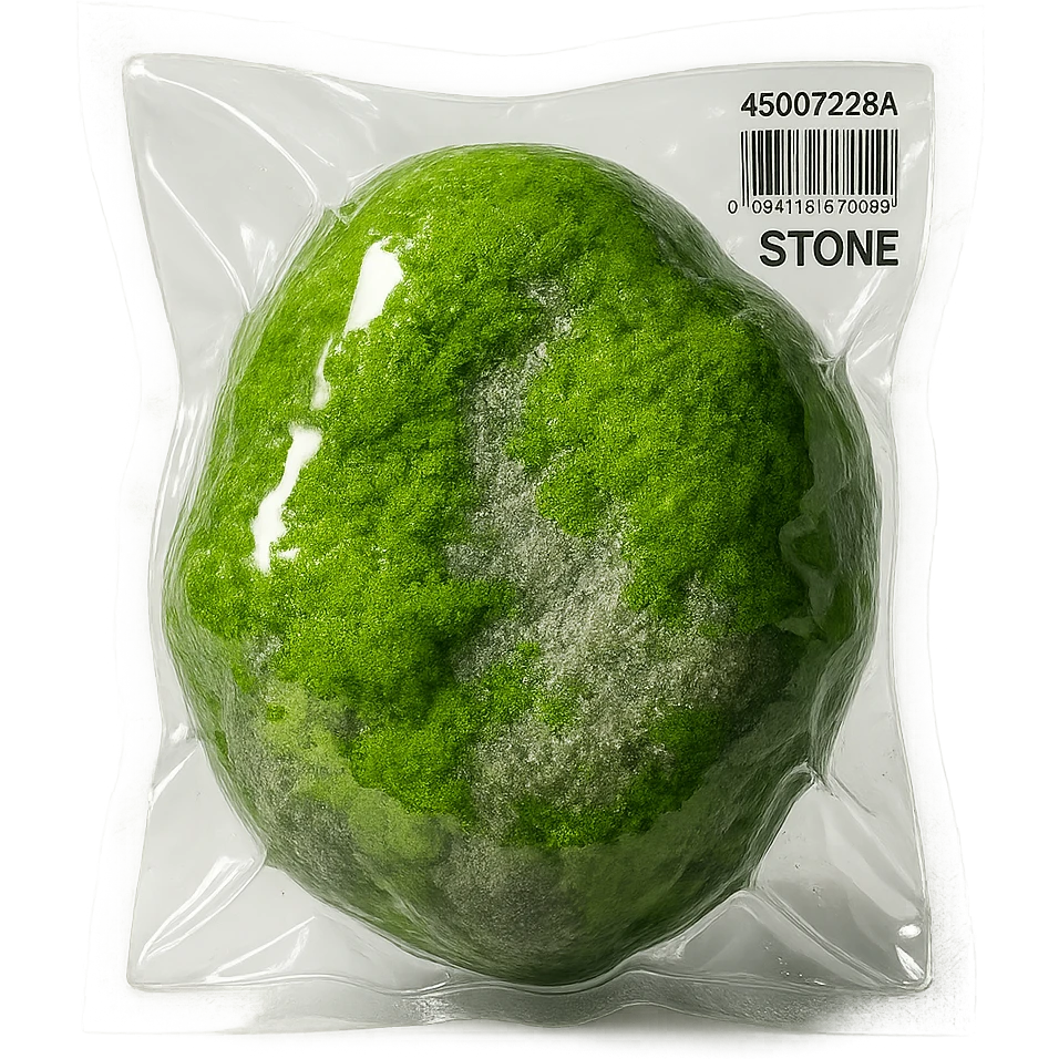 stone with green moss, glossy and puffy emoji