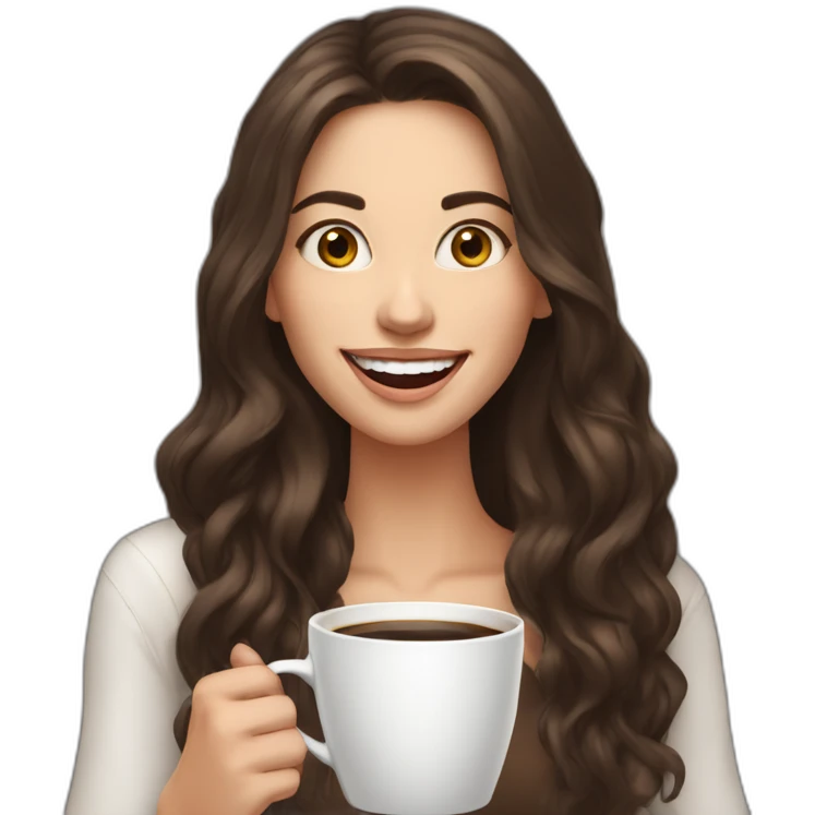 white young brunet woman with long hair with face visible huge smile and eyes wide open holding a huge cup of coffee emoji