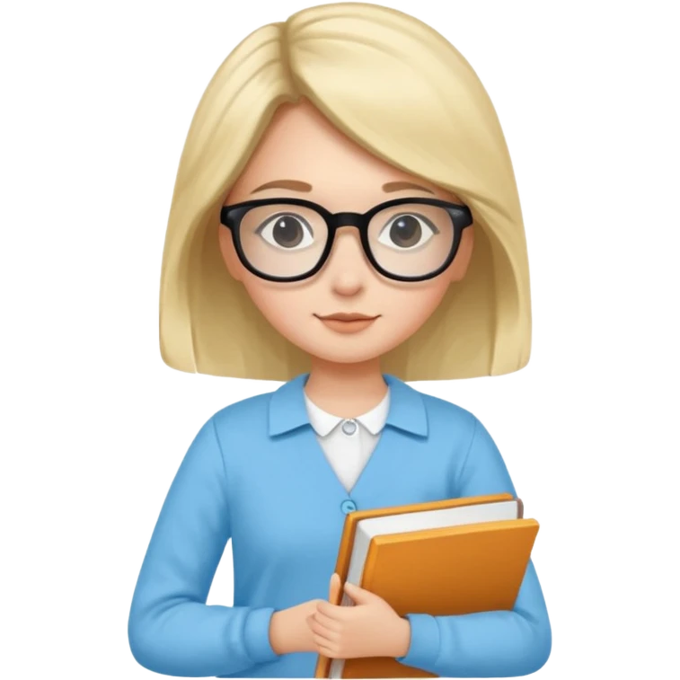 cute girl, glass, smart, Sky-blue colored clothing,
holding a book in one arm and a pen in the other hand.Holding a pen in the right hand as if teaching.Wearing black glasses, with a smart and bright-looking face. emoji