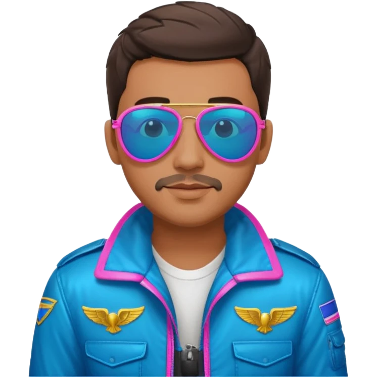 1980s cool man with stubble wearing reflective neon pink and blue aviator sunglasses and a pilot topgun jacket emoji