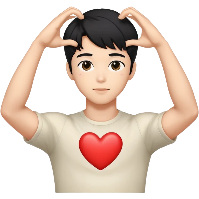 Black-haired male idol forming a heart shape with his arms above his head, arms curved to make heart outline, K-pop style emoji