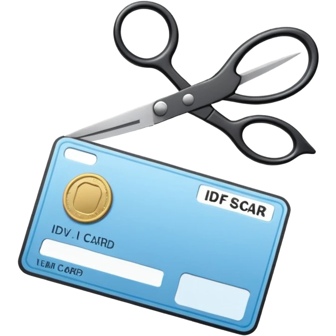 Floating black Scissors cutting a light blue idf ID card in 2 parts .hyper realistic emoji