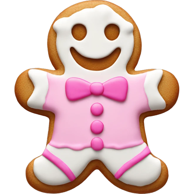 Gingerbread cookie with smiley face and white and pink frosting emoji