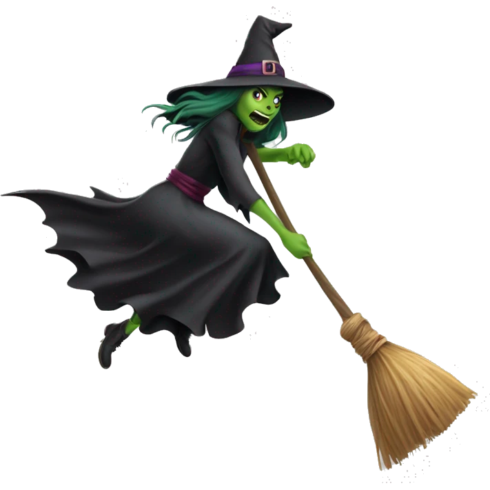 Scarry witch, flying to the left on only one broom. Transparent background emoji