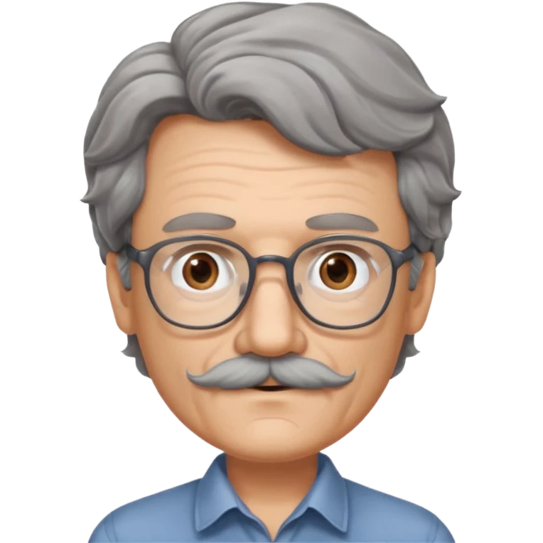 Generate a portrait of a slightly older man with glasses. His hair is quite thin, gray, but wavy. He has brown eyes and a mustache. emoji