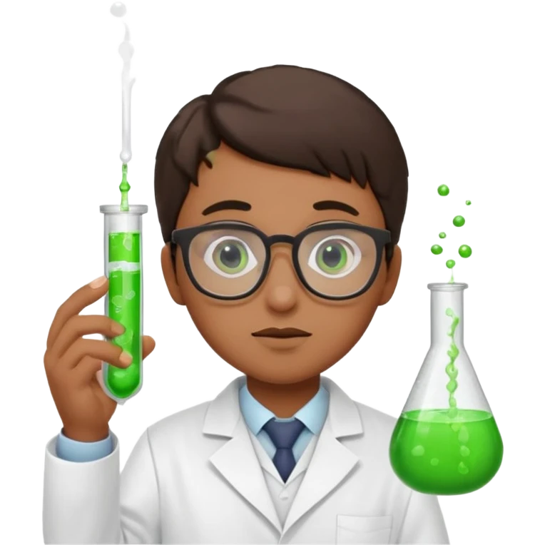 Portrait of a young scientist wearing a white lab coat, glasses, holding a test tube, curious expression emoji