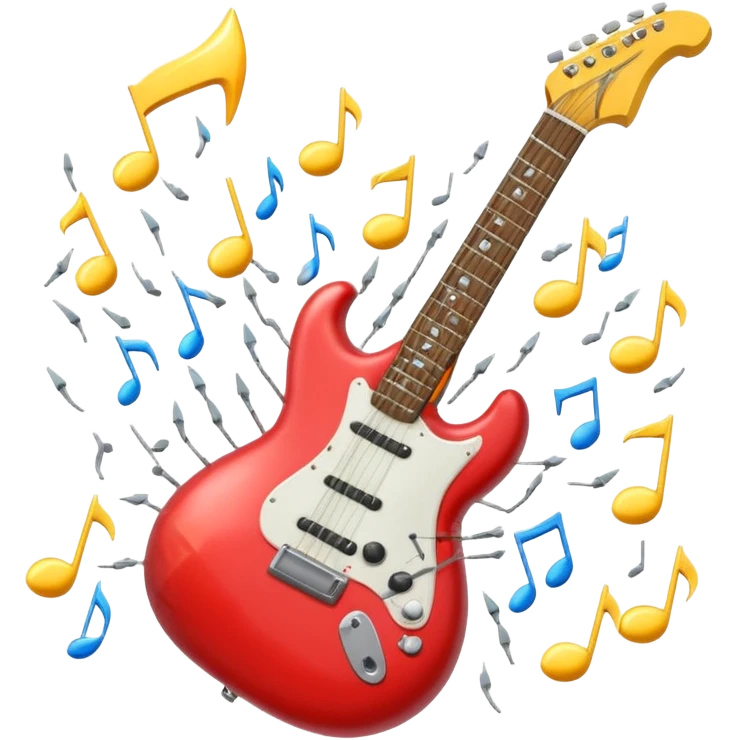 A 3D Apple-style emoji of a bold “ROCK” text written in shiny metallic letters, with an electric guitar leaning on the text, surrounded by small music notes and lightning bolts, energetic and powerful rock music vibe emoji