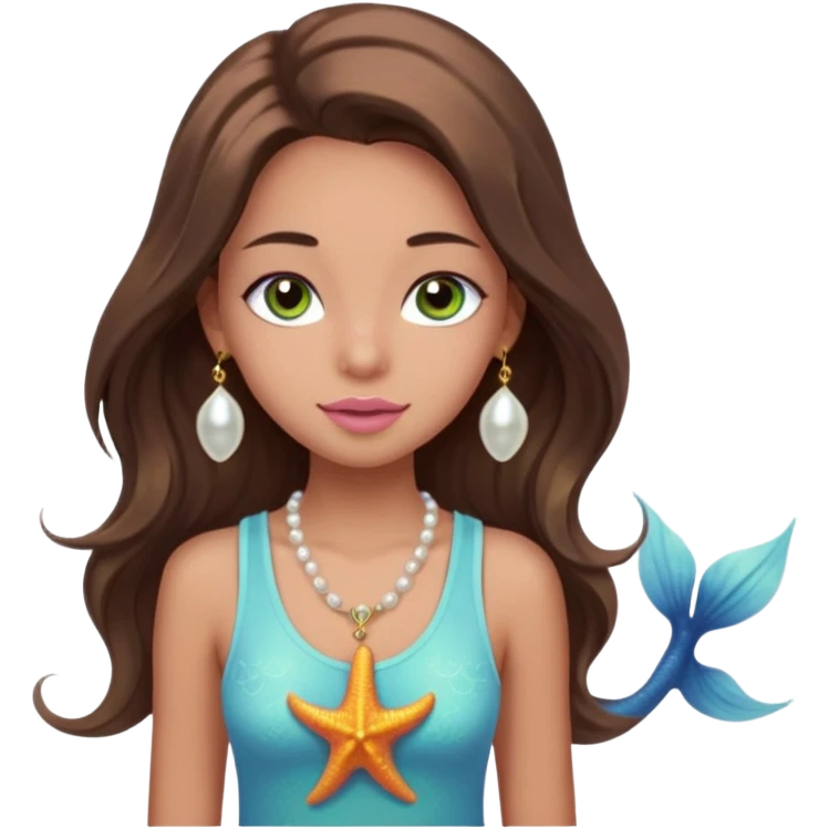 Create a teen girl wearing a light blue tank top. She will have long brunette hair, tan skin, pink lips, and grey-green eyes. She has long eyelashes. She also has light freckles and is wearing a gold charm necklace that has an n on it, a pearl, a sun, a starfish, a mermaid tail, and seashell emoji