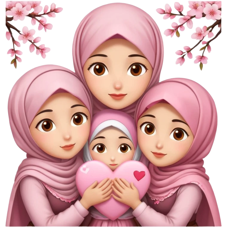 Four sister hugs Turkish girls beautiful finish Konya brown eyes with cherry blossom hijab and heart dress and hugs  emoji