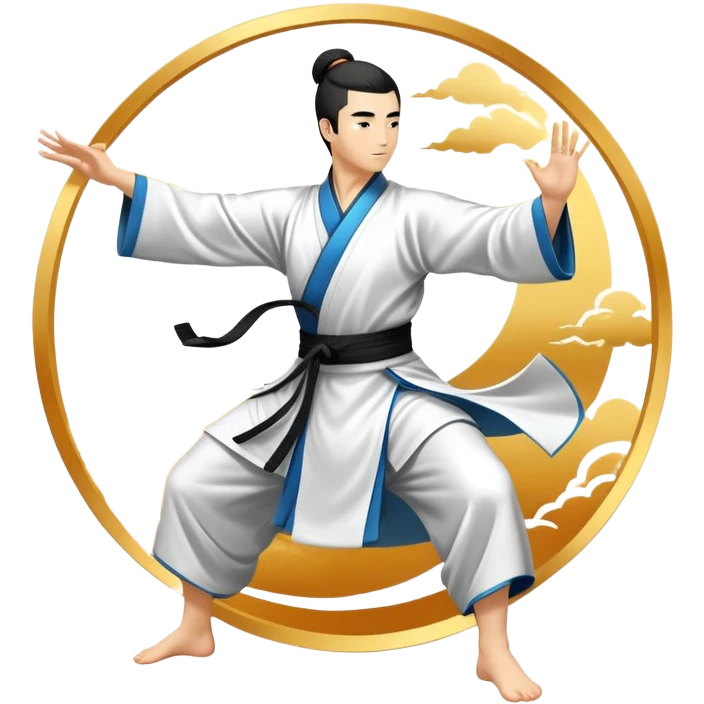 Emblem symbolizing Wushu martial arts. A graceful martial artist performs a dynamic kung fu pose, with flowing movements and a long, elegant robe. The background features stylized clouds and traditional Chinese symbols, representing fluidity, balance, and precision. Transparent background. emoji