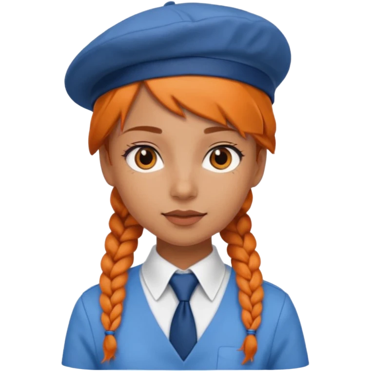 orange braided hair girl, wearing white shir, a brown berret Hat, Blue Necktie emoji