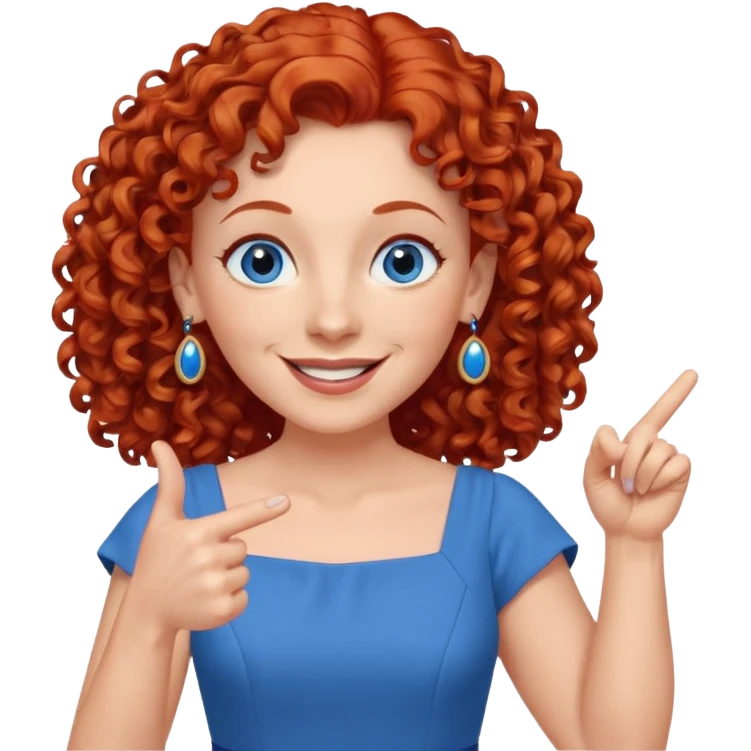 una profesora mayor simpática con el pelo rojo rizado, ojos azules, vestido azul y pendientes azules hablando sonriendo feliz indicando con un dedo emoji