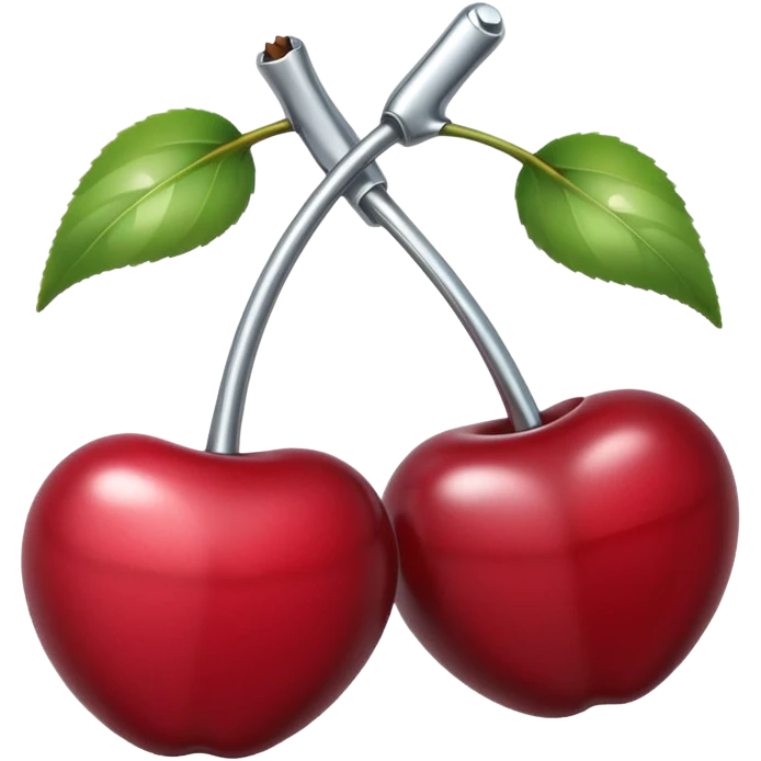 A pair of cherries emoji made of polished silver chrome, smooth rounded shapes, glossy metallic finish, soft highlights and reflections, cute proportions, iOS emoji style, centered, clean white background, no text emoji