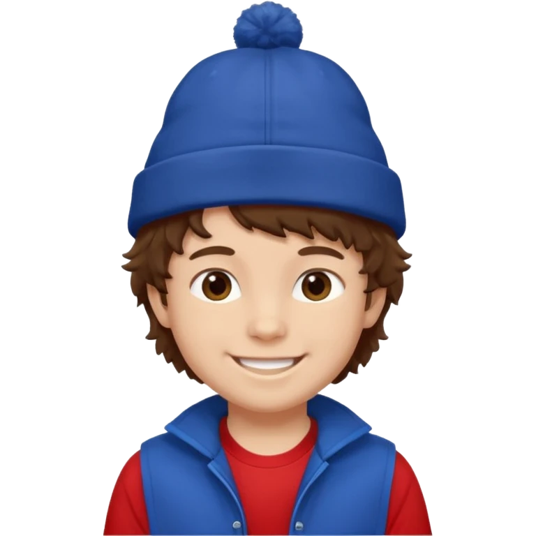 brown fluffy hair kid with blue and white hat dark blue jilet red t shirt emoji