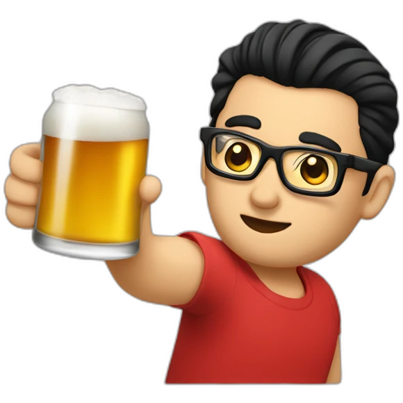 slicked back hair, white, rectangle glasses, red shirt, black hair,drunk, holding beer emoji