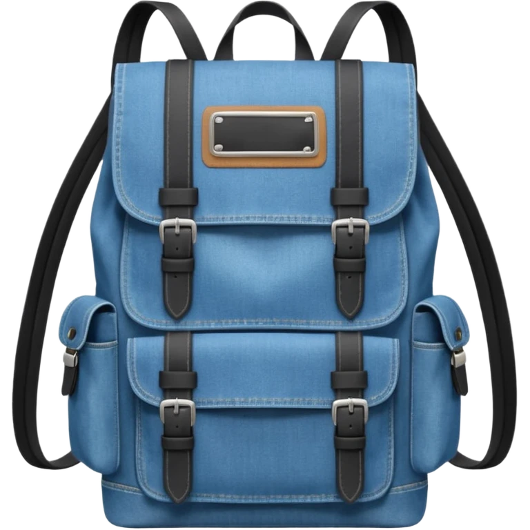 a blue denim backpack with a flap top, two vertical *black buckle straps* on the front, only at the top. The backpack has two side pockets and a soft square shape. 

 emoji
