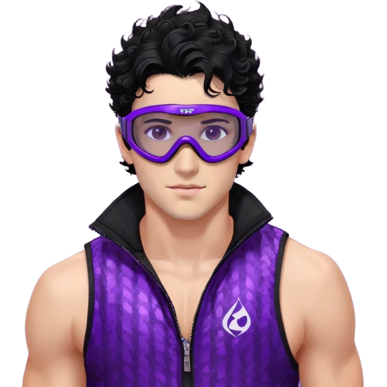 male athlete with white skin and moderately curly black hair on top with shaved sides, wearing ski goggles with purple frames and very dark black lenses, a simple plain black chain necklace, and a completely unzipped sleeveless vest with purple and black sequin fire pattern design with no logo or brand emblem, fully revealing his chest, shoulders and arms, no earrings emoji