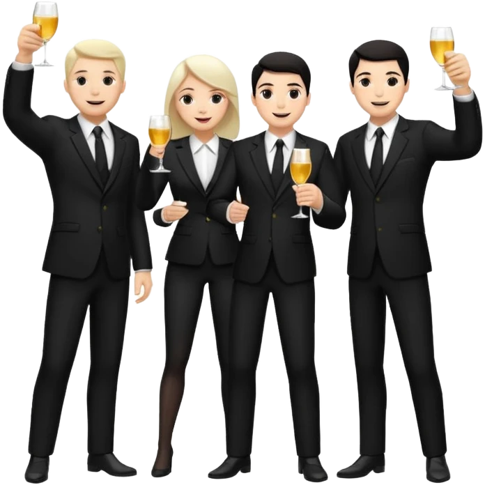 Un equipo de venta con trajes negros, personas blancas solo 3 celebrando un logro con un brindis. El fondo negro totalmente  emoji