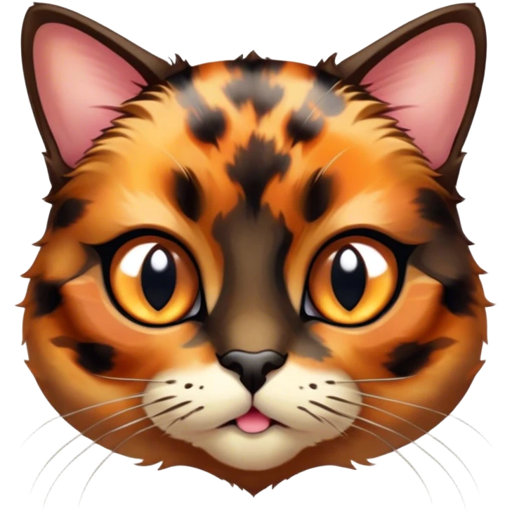 Cinematic Cute Tortoiseshell Cat Portrait Emoji, Head cocked sweetly with bright, curious eyes and a cuddly, mottled fur of rich browns and blacks, simplified yet charmingly adorable, highly detailed, glowing with a warm, gentle radiance, high shine, playful and endearing, styled with a dash of whimsical feline magic, soft glowing outline, capturing the essence of a cute tortoiseshell cat that seems ready to pounce with affectionate mischief! emoji