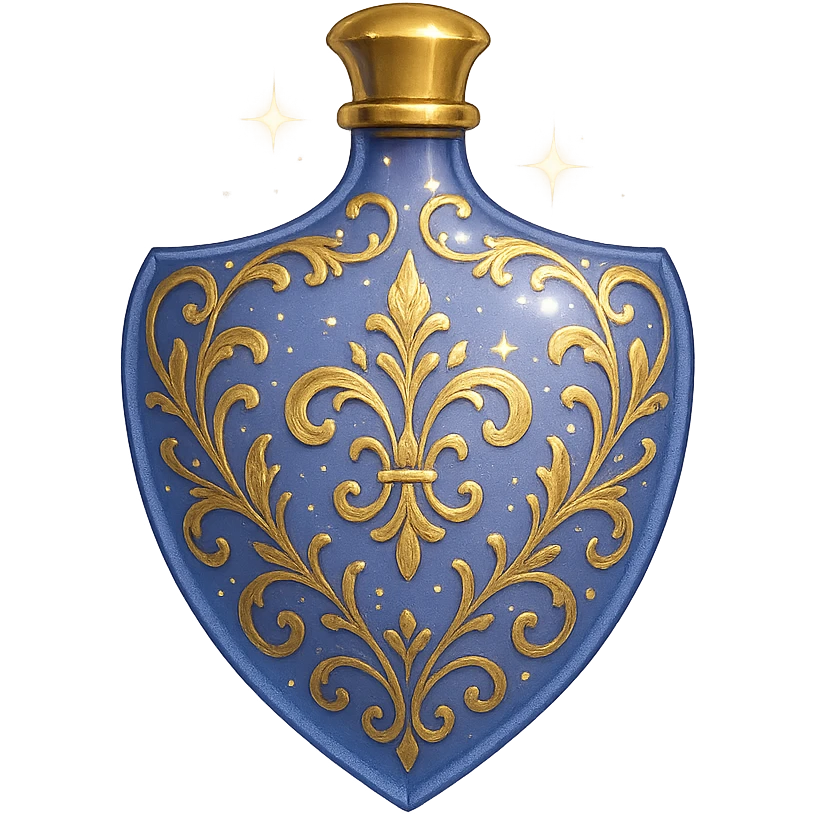 luxurious elixir bottle in shield shape, color #7986cb, gold filigree, magical shine, very small golden neck, seamless bottom, transparent background, floating, no base or shadow, modern, collection style emoji