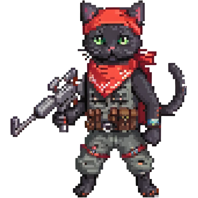 a little black cat with two machineguns and a red bandana, he's just blasting!
 emoji