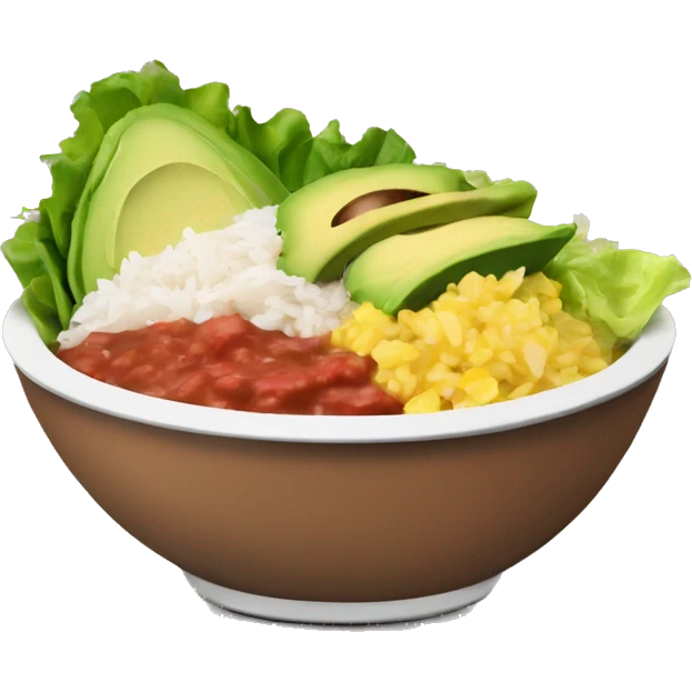 Chipotle bowl with lettuce, chicken, rice, avocado and salsa emoji