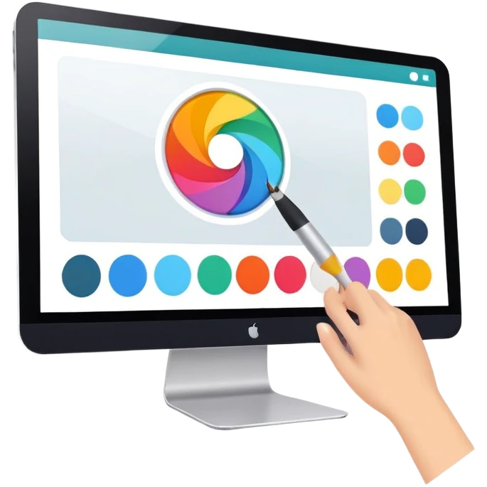 digital screen showing a basic logo being edited, with vector handles and a color palette emoji