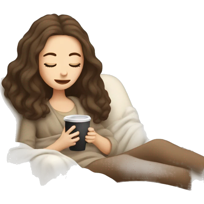Brunette white girl covered in blanket sitting on a cozy chair holding coffee eyes closed emoji