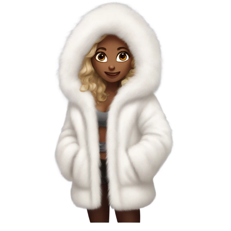 Tanned Girl with lashes ,  in an extremely big fluffy oversized white fur coat with hood on. The fur is real and it’s very obvious big and fluffy like in Pinterest  emoji