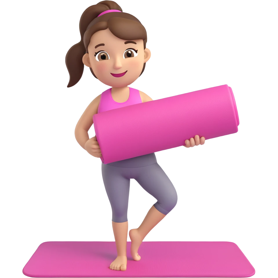 girly gym emoji with pink yoga mat, brunette hair in ponytail, smiling emoji