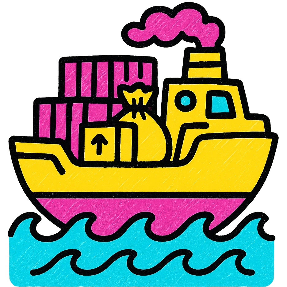 A bright and cheerful icon of a cargo ship on the ocean with trade goods emoji