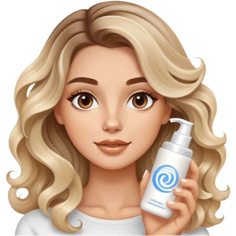 beautiful brunette with a light blondish balayage white girl with nice curls/defined waves, very long hair, clean girl makeup APPLYING A FACE CREAM ON HER FACE emoji