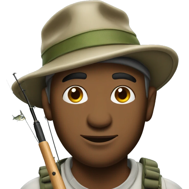 man wearing fishing hat holding fishing rod hooked with large fish emoji