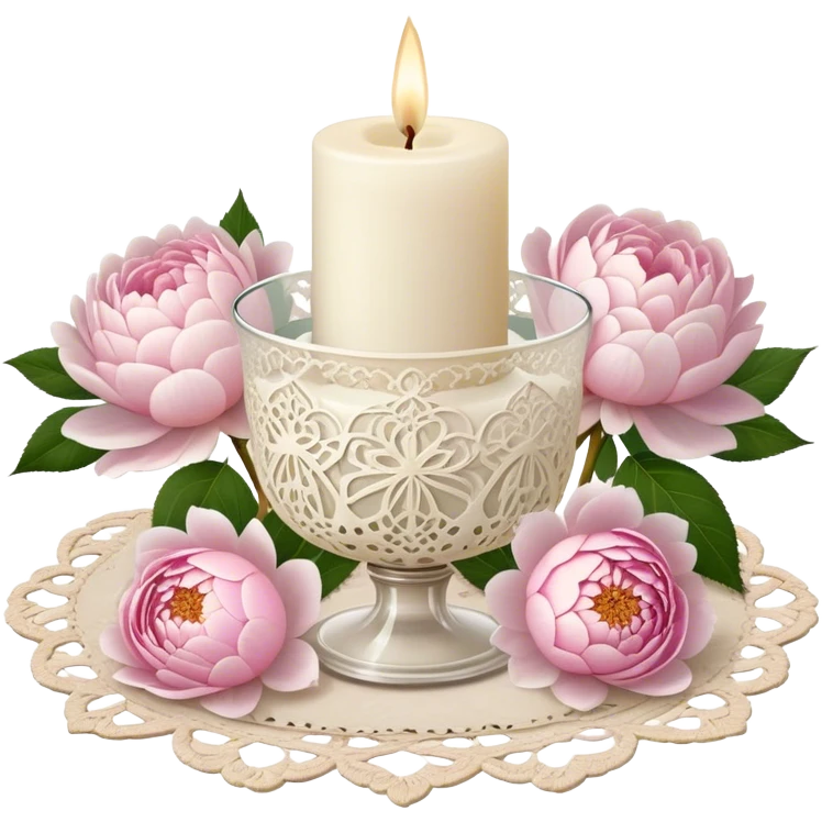 A small ivory wax candle in an ornate glass holder, placed on an antique lace doily, surrounded by loose soft pink rose petals, delicate white peonies, and blush dahlias, casting a warm, vintage glow.
 emoji
