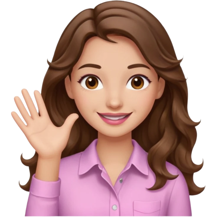 girl with wavy long brown hair, brown eyes, light to medium complexion, long lashes, light pink lipstick, smiling, wearing light pink shirt, slapping emoji
