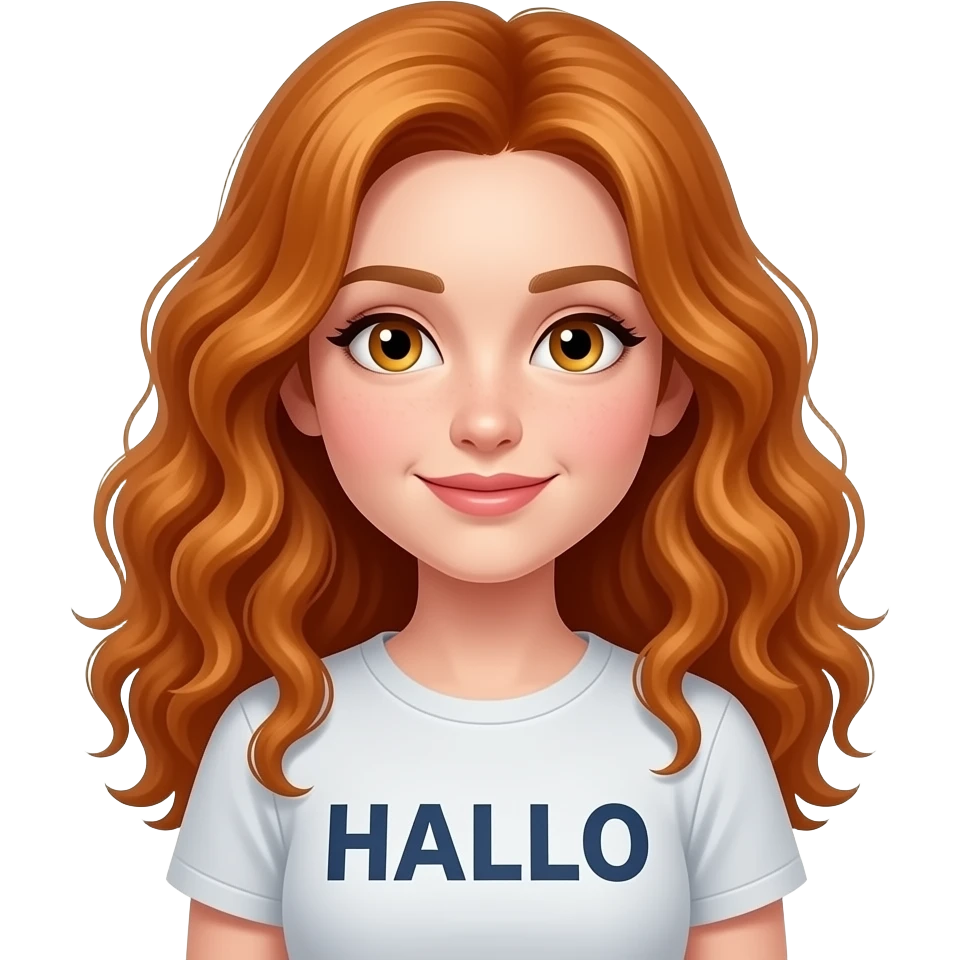 girl with long curly ginger hair and ginger eyes wearing a says HALLO emoji
