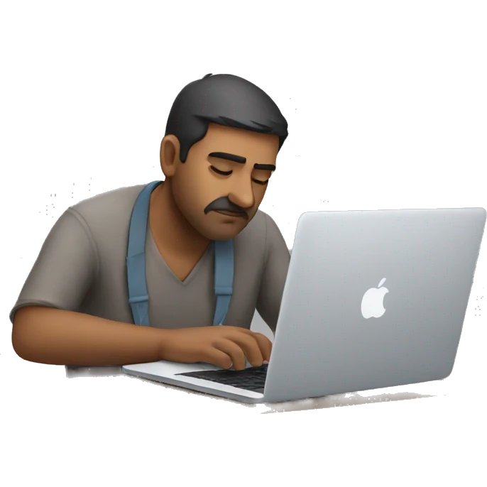 Indian man working on his macbook laptop looking down emoji