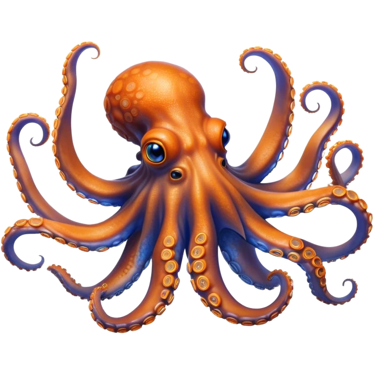 Cinematic Realistic Noble Octopus Portrait Emoji, Poised and majestic, with a sinuous, flowing body in vivid orange accented by intricately detailed blue rings, and intelligent, penetrating eyes that reflect ancient ocean lore; rendered with lifelike texture and natural iridescence, high shine, intelligent and formidable, styled with an aura of mystical marine power, focused and attentive, soft glowing outline, capturing the essence of a watchful and confident octopus that appears ready to glide out of the screen with timeless authority! emoji