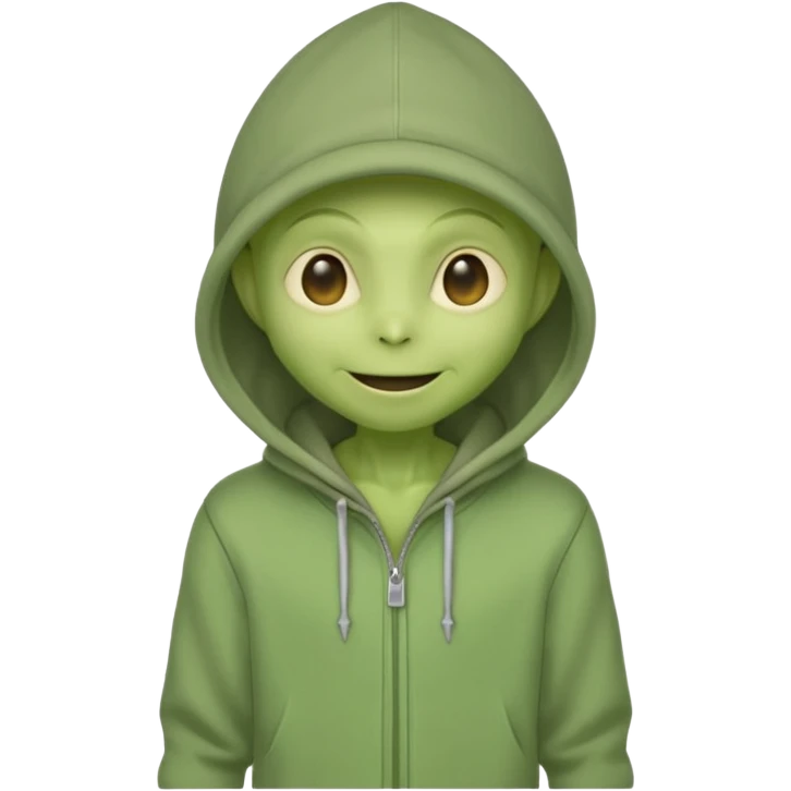 happy green alien in gray hoodie full height, wear hoodie hat emoji
