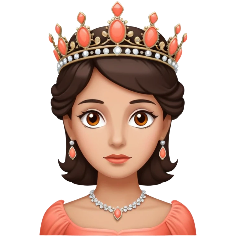 face with tiara, don't make her happy though, she's a widow and meant to be depressed. even though she's depressed, she wants to be happier and is doing her best to be happier. she's a countess. brunette, brown eyes, tanned skin, wears coral emoji
