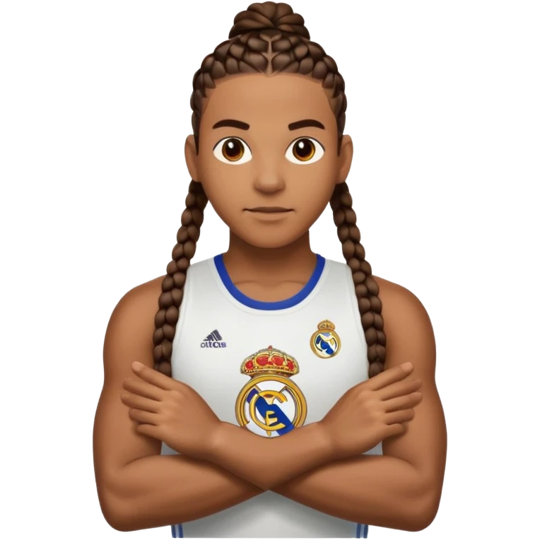 Make raphinha strong with cornrows and buff holding a the real madrid logo in between hid hands emoji
