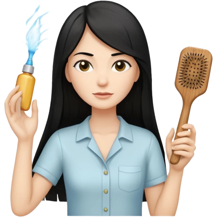 A white woman with long, straight black hair, wearing an ivory-colored shirt, holding a small square wooden paddle hairbrush in her left hand and spraying a hair mist bottle with her right hand toward her hair. emoji