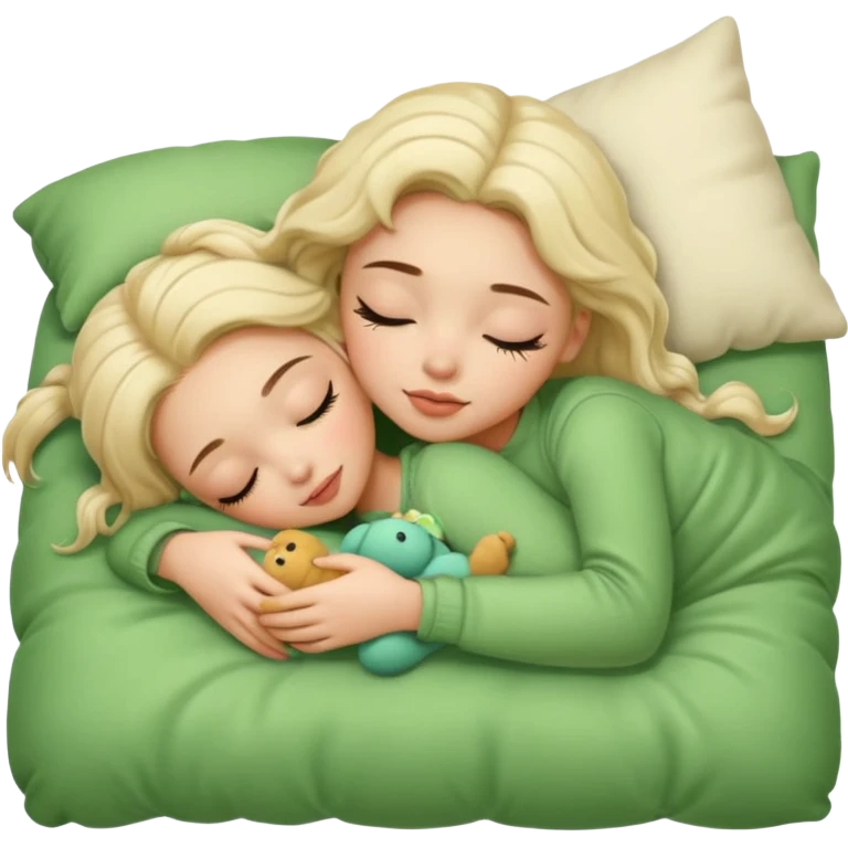 single-girl-in-Warm Cream-cozy-green-bed-sleeping-pretty-eyelashes-light-skin-with toy emoji
