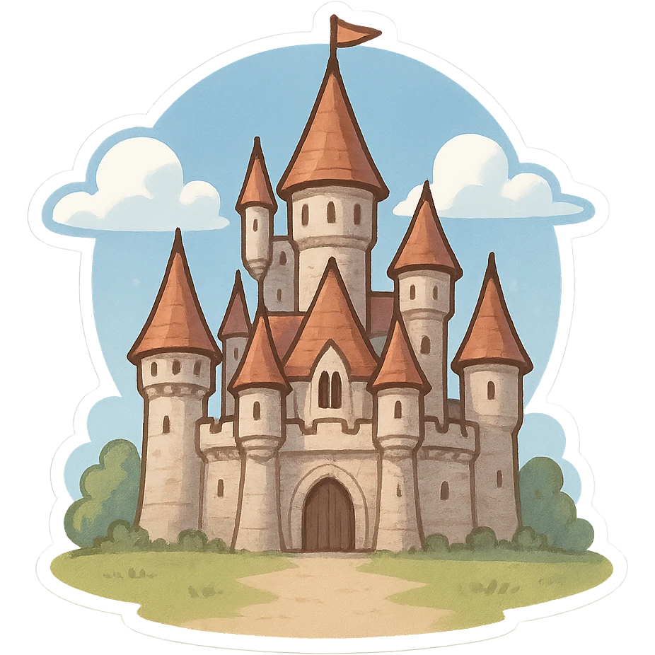 一个欧洲西方世界的奇幻城堡，前景有一片空地，蓝天白云 emoji