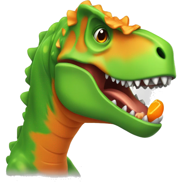 Bright green cartoon T-Rex, facing to the right, with an open mouth and orange frills along the back. The head, neck, and arms should be visible emoji